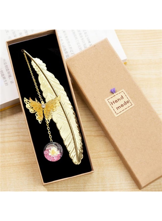 ChicAbode Book Accessory Gift Pack, Golden Feather Book Mark with Golden Butterfly, Pink Diamond and White Floret Pendant - Image 2
